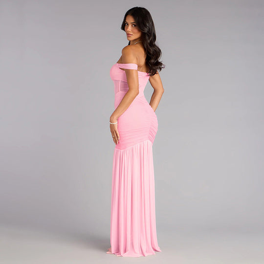 Damen elegantes Maxikleid mit Off-Shoulder-Design und raffinierten Raffungselementen R&B