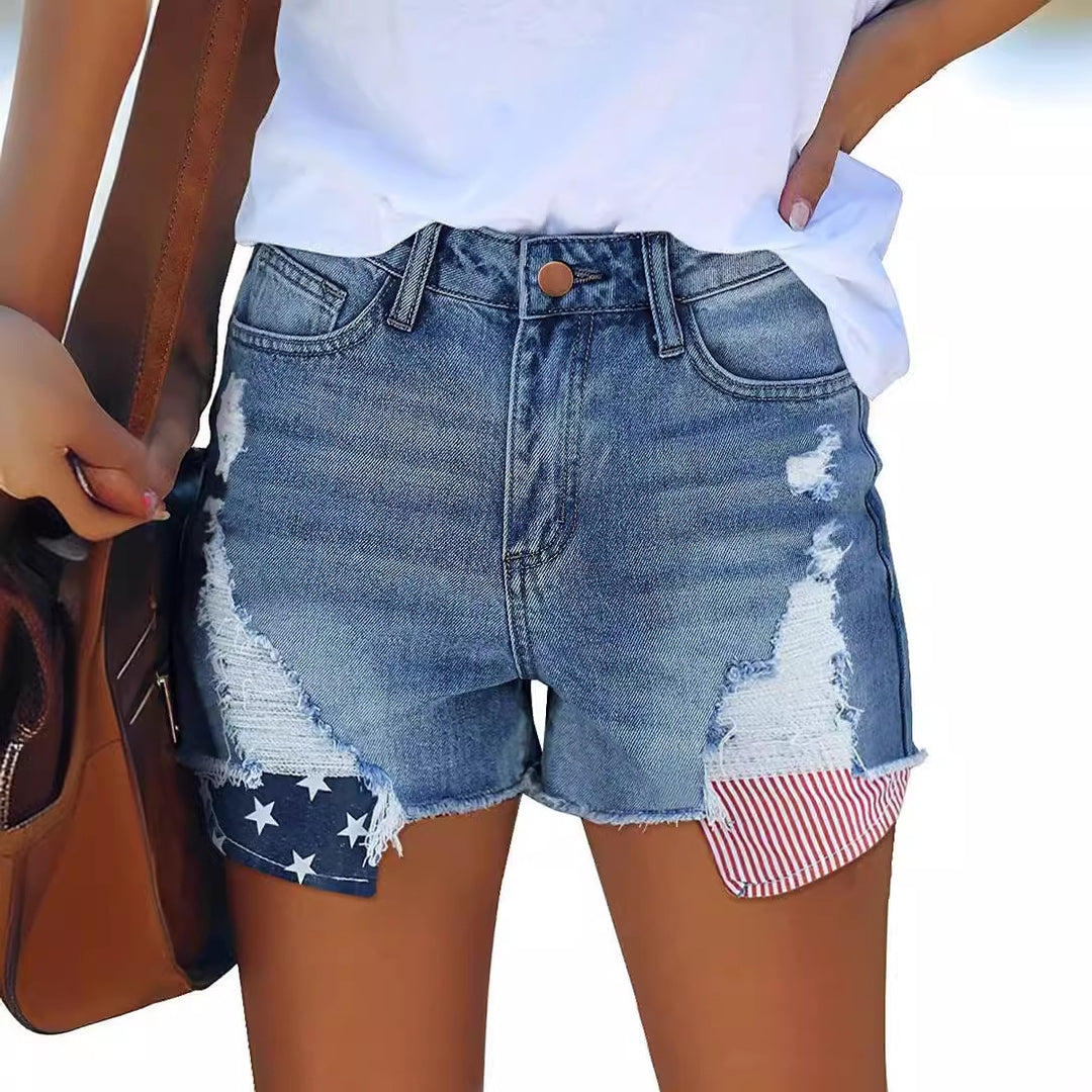 Damen Destroyed Denim-Shorts mit kreativen Patch-Details R&B