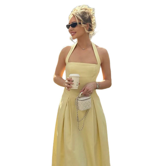 Damen elegantes A-Linien Kleid mit Spaghetti-Trägern und fließendem Saum R&B