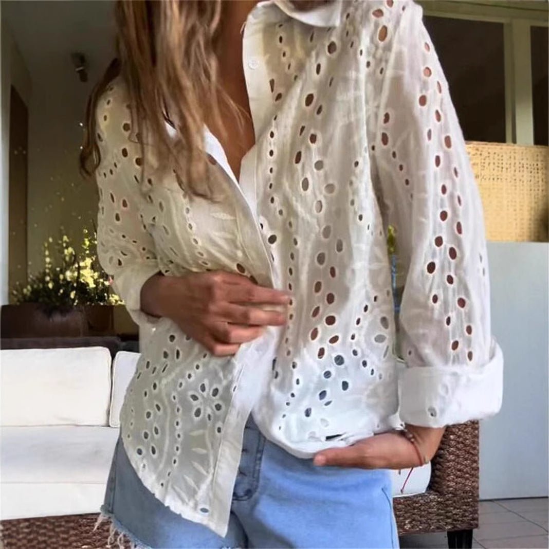Damen elegante Bluse mit Durchbrüchsen R&B