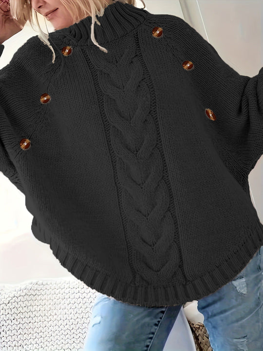 Damen Grober Strickpullover mit modernem Zopfdesign und praktischen Knöpfen R&B