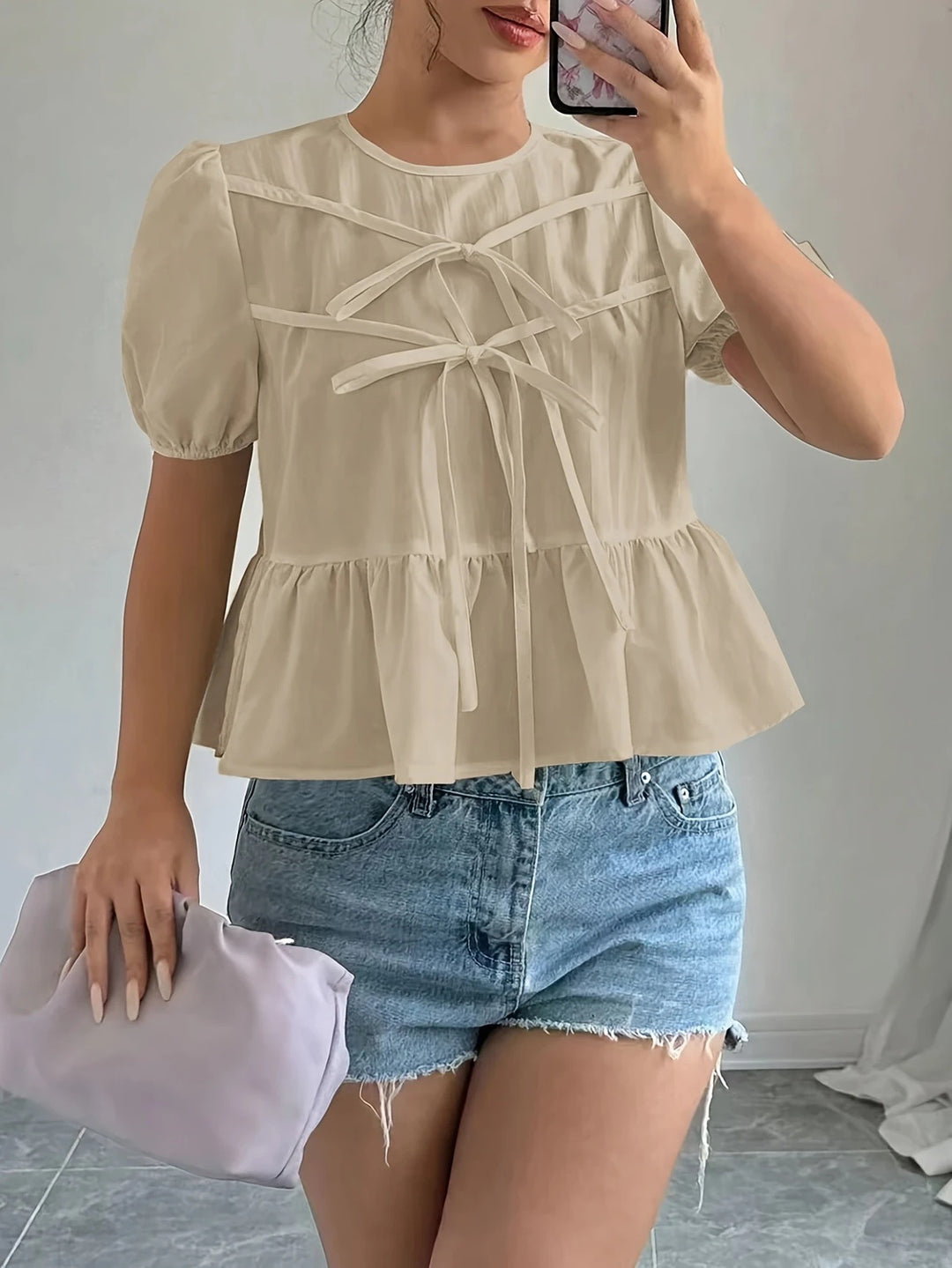 Damen Bluse mit Puffärmeln und verspieltem Rüschendesign R&B