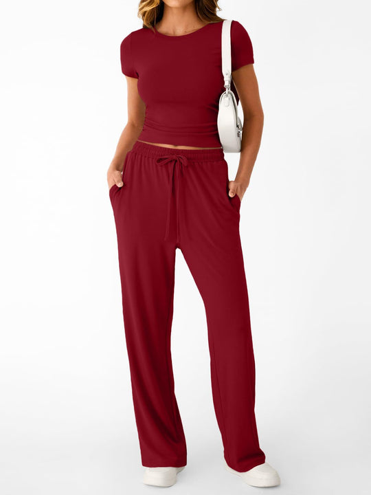 Damen lässiger Freizeitanzug mit kurzen Ärmel und weiten Hosen R&B