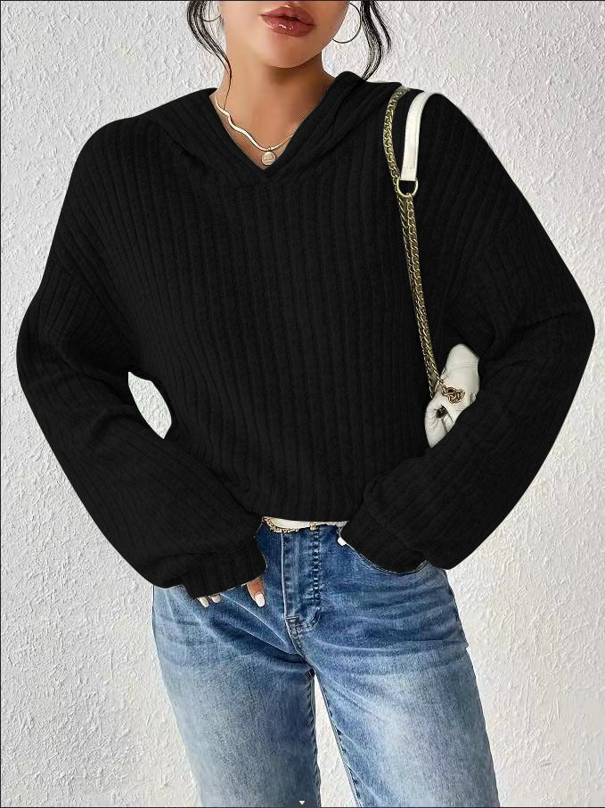 Damen lässiger Pullover mit strukturiertem Rippdesign und bequemem Kapuzenkragen R&B