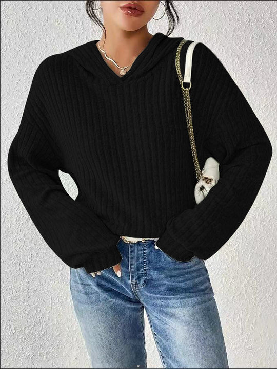 Damen lässiger Pullover mit strukturiertem Rippdesign und bequemem Kapuzenkragen R&B