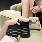Damen Flauschige Plateau Stiefeletten mit modischer Schnalle R&B