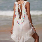Damen luftiges Häkel-Strandkleid mit V-Ausschnitt und romantischem Saum R&B