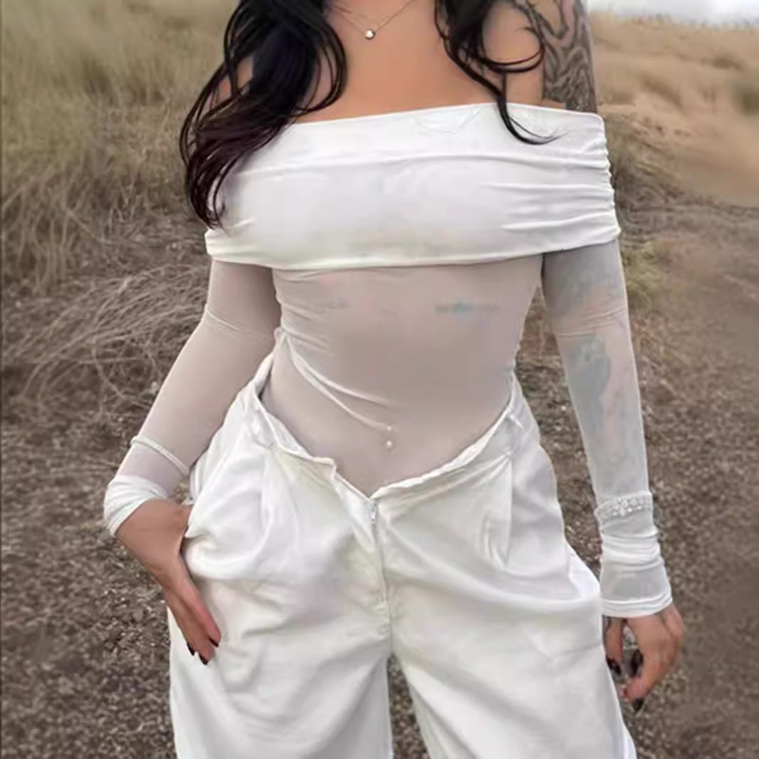 Damen Off-Shoulder Langarmbody mit transparenten Akzenten R&B