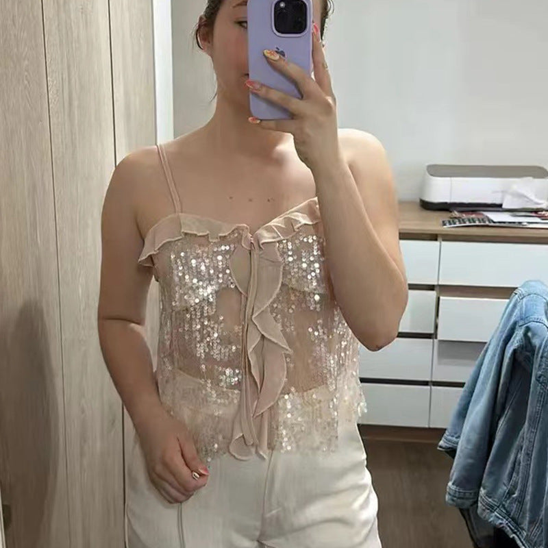 Damen Funktionsbluse mit Pailletten und Rüschen R&B