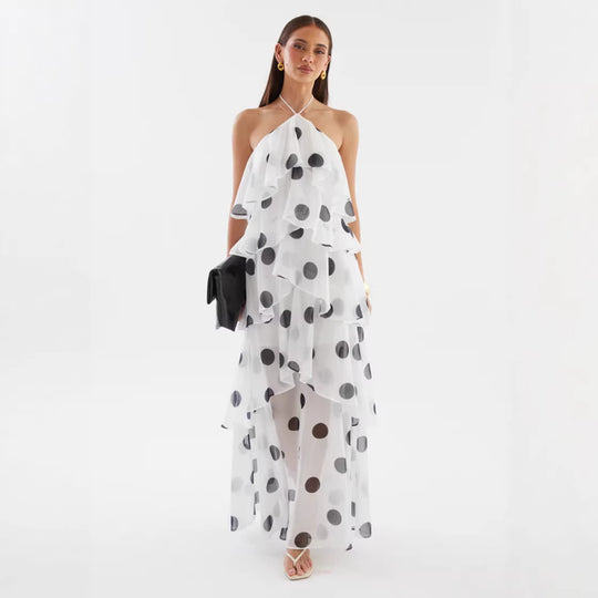 Damen Maxikleid mit schwingenden Volants und modernen Punkten R&B