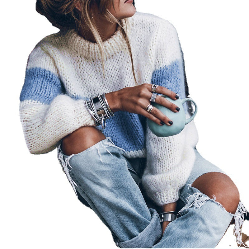 Damen lässiger Strickpullover mit Stehkragen und modernen Streifen R&B
