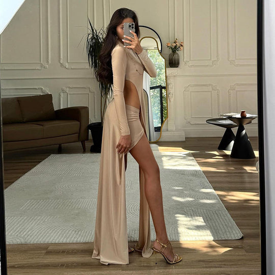 Damen Elegantes Maxikleid mit schmalem Schnitt und hohen Schlitzen R&B