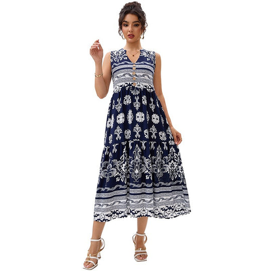 Damen Maxikleid mit dekorativem Knopfverschluss und floralem Muster R&B