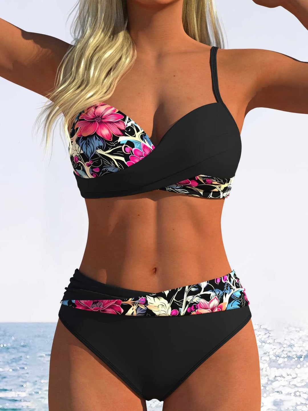 Damen Bikini-Set mit floralem Wickelmuster und bequemen High-Waist-Höschen R&B