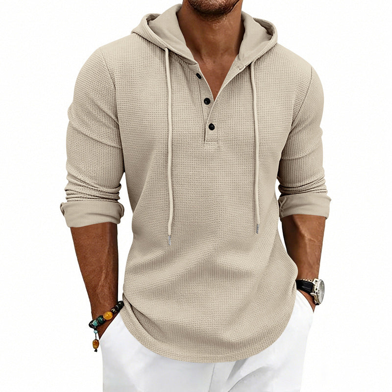 Herren nan lässiges Waffelstrick-Henley Kapuzenpullover mit Knopfleiste R&B