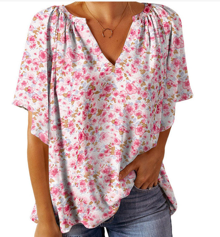 Damen Blusenshirt mit floralem Design und V-Ausschnitt R&B