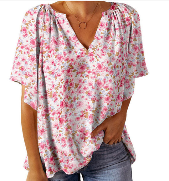 Damen Blusenshirt mit floralem Design und V-Ausschnitt R&B