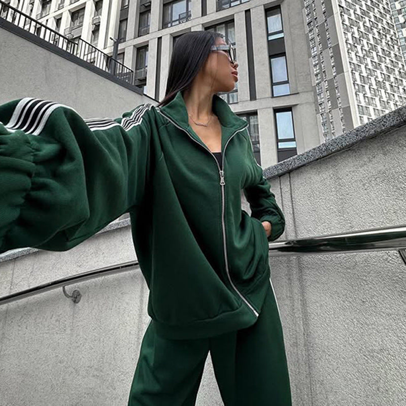 Damen sportliches Fleece-Loungewear-Set mit hohem Kragen und elastischem Bund R&B