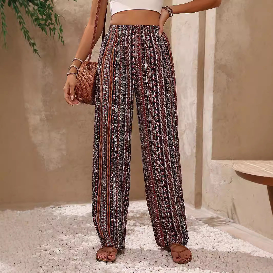 Damen weite Palazzo-Hose mit buntem Ethno-Design und elastischem Bund R&B