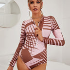 Damen Langärmliger Badeanzug mit Reißverschluss und trendigem geometrischem Design R&B