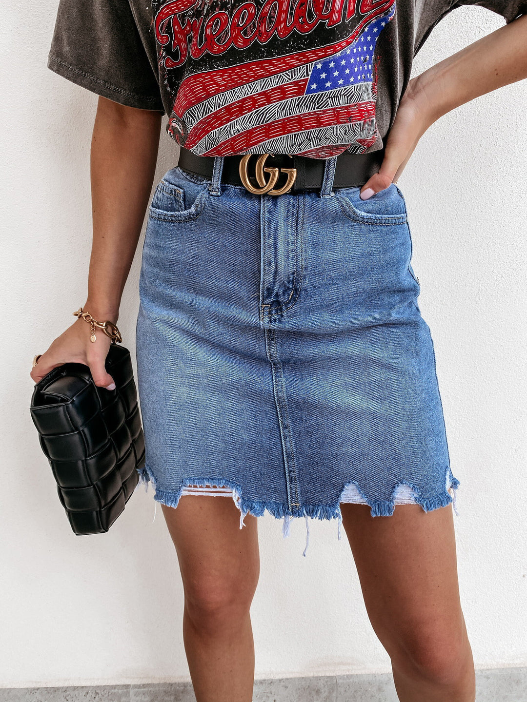Damen Jeansrock mit fransigem Saum und hohem Sitz R&B