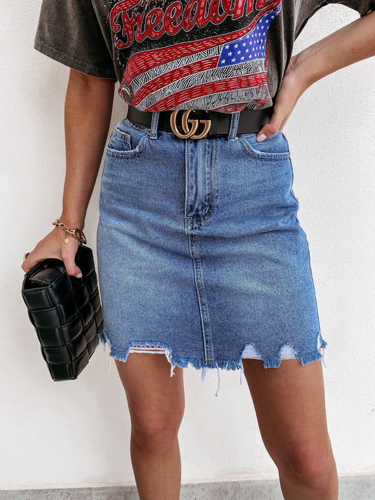 Damen Jeansrock mit fransigem Saum und hohem Sitz R&B
