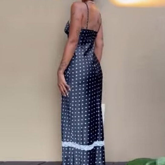 Damen Satin Nachthemd mit Spitzenapplikationen und Polka-Dots R&B