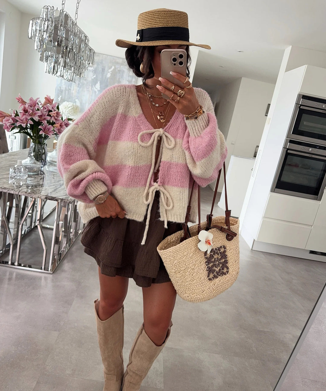 Damen lockere Strickjacke mit breiten Streifen und Bindegürtel R&B