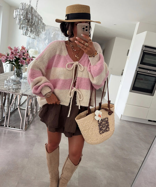 Damen lockere Strickjacke mit breiten Streifen und Bindegürtel R&B