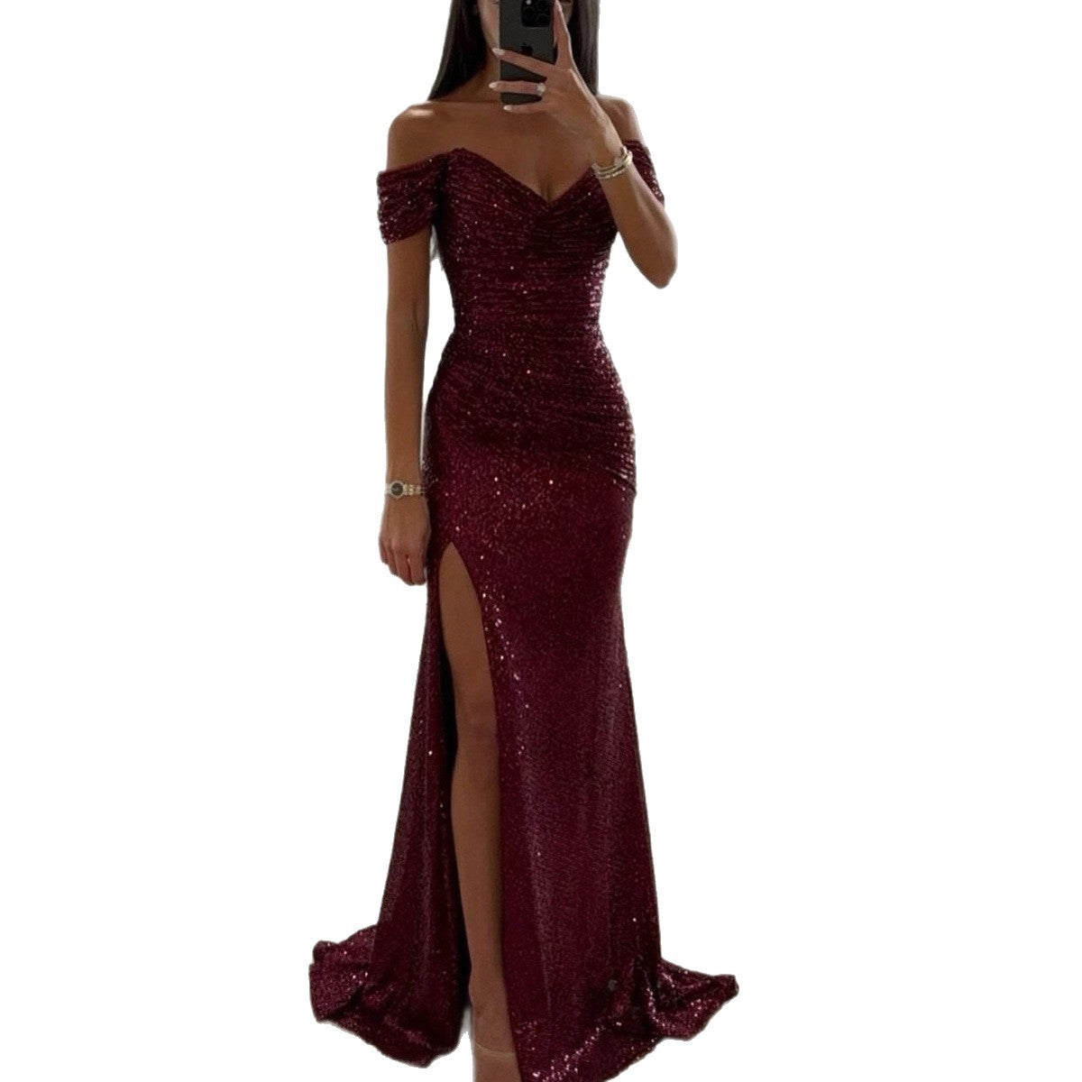 Damen Glamouröses Abendkleid mit schulterfreiem Schnitt und schimmerndem Stoff R&B
