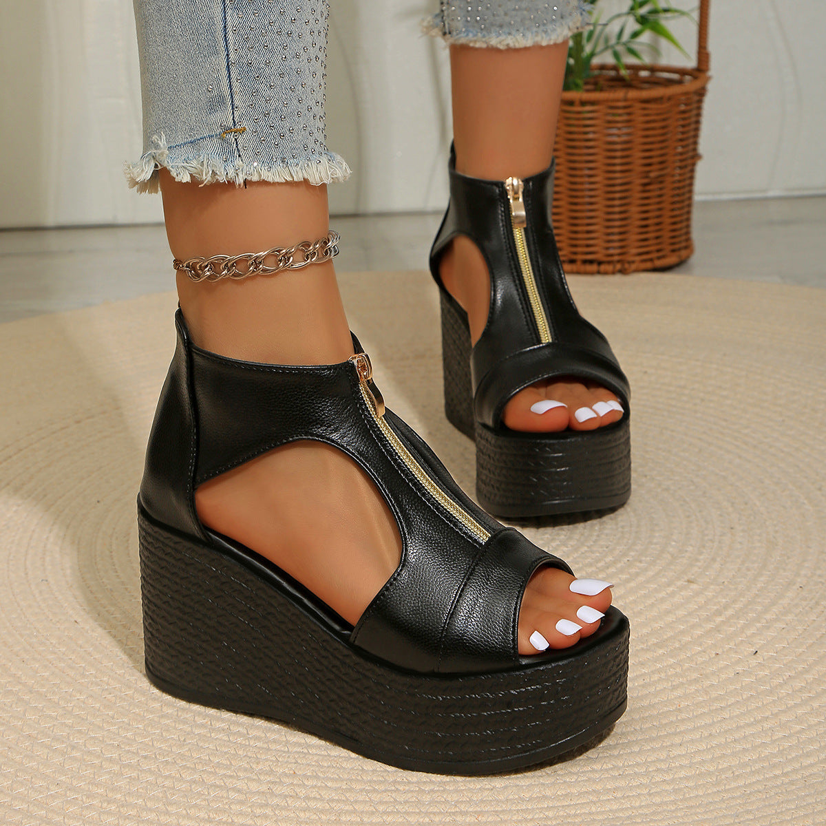 Damen Wedge-Sandaletten mit modischem Reißverschluss und anatomischem Fußbett R&B