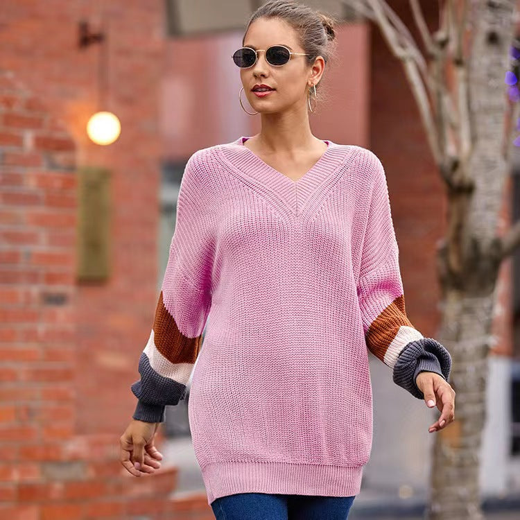 Damen Strickpullover mit V-Ausschnitt und farblich abgestimmten Ärmeln R&B