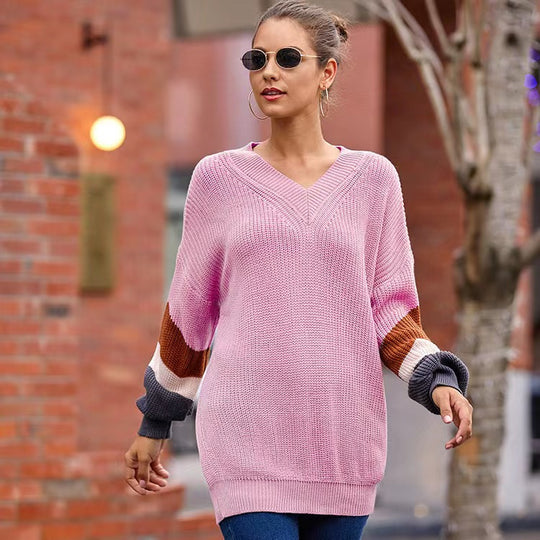 Damen Strickpullover mit V-Ausschnitt und farblich abgestimmten Ärmeln R&B