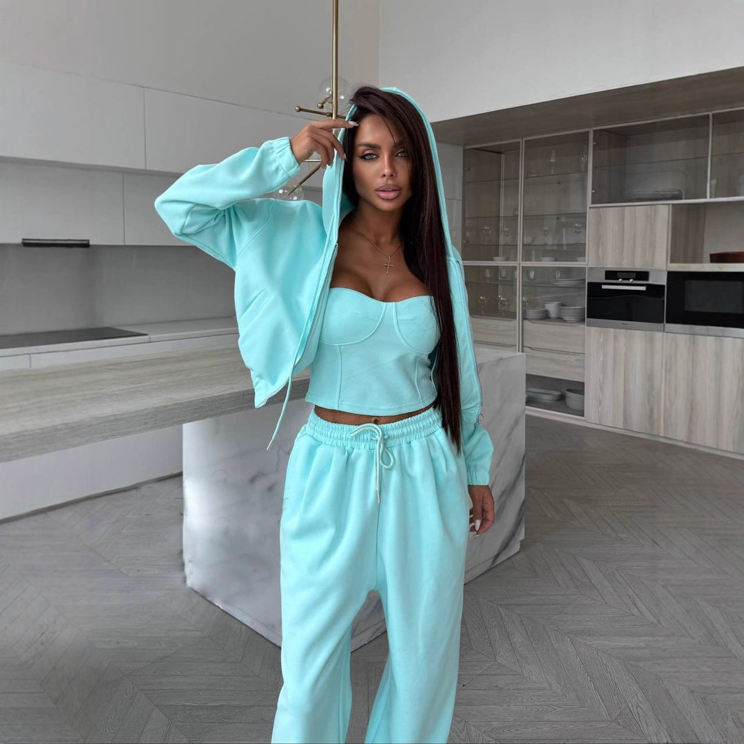 Damen Lässiges Hoodie-Set mit figurbetontem Top und weiter Jogginghose R&B