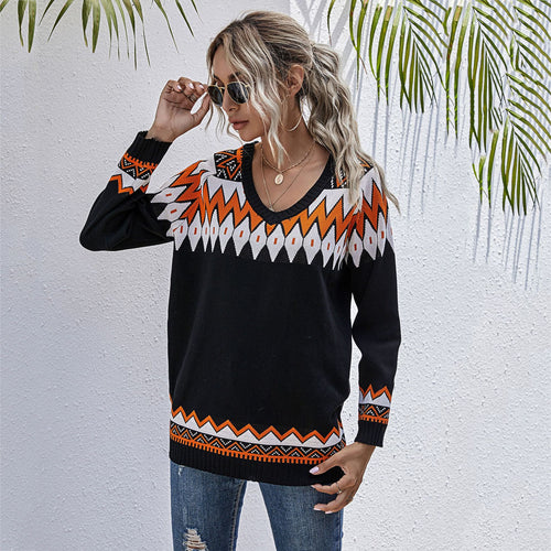 Damen Oversized Pullover mit tiefem V-Ausschnitt und geometrischem Muster R&B