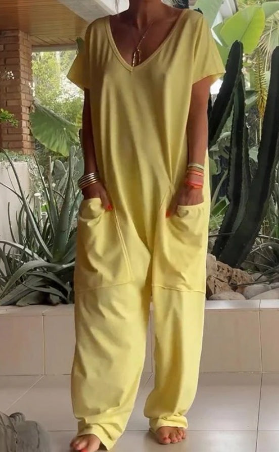 Damen nan weite Komfort-Einteiler mit V-Ausschnitt, tiefem Schritt und Eingrifftaschen R&B
