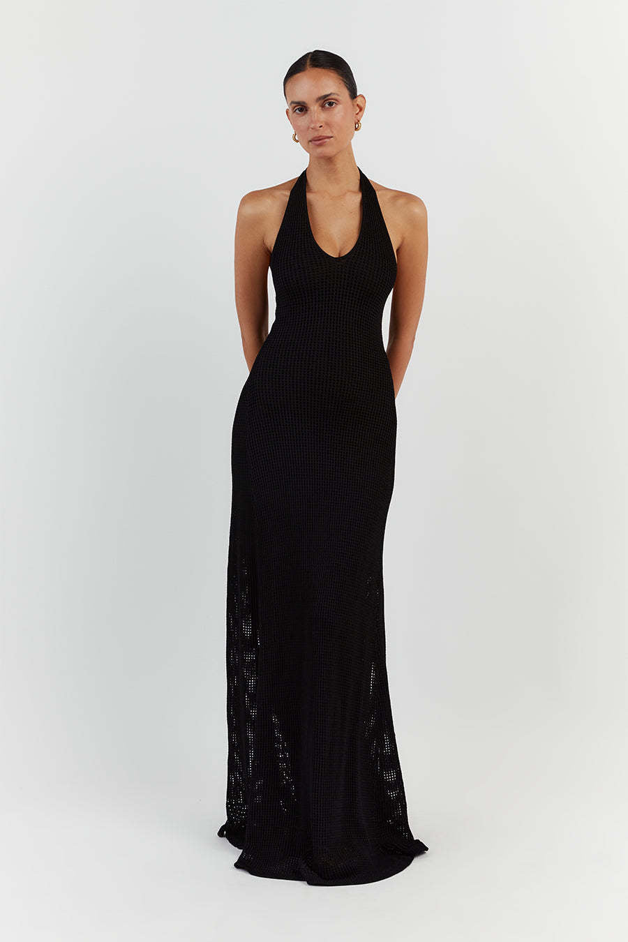 Damen Maxikleid aus feinem Netzstrick mit tiefem V-Ausschnitt R&B