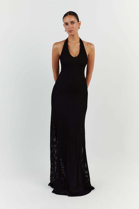 Damen Maxikleid aus feinem Netzstrick mit tiefem V-Ausschnitt R&B