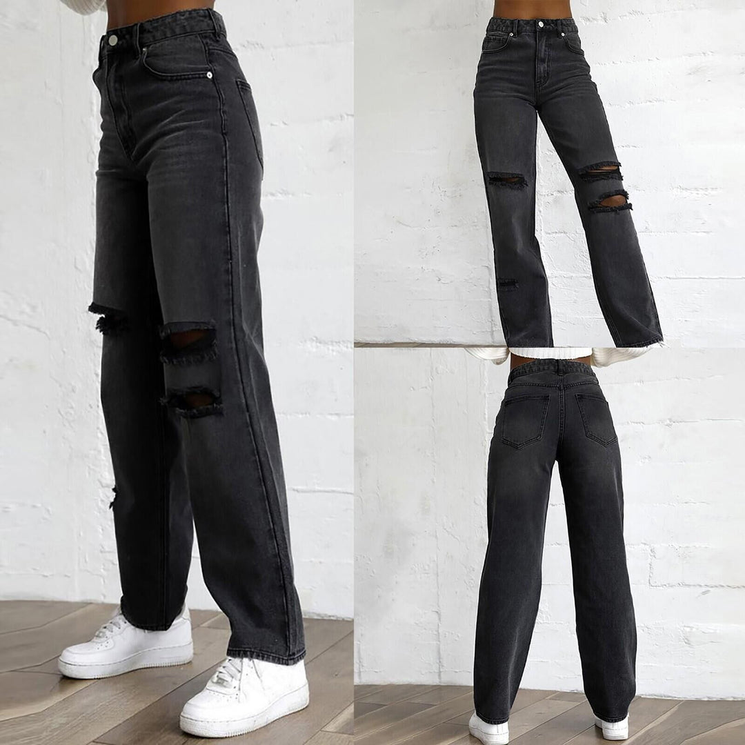 Damen modische Destroyed Jeans im lässigen Schnitt mit hohen Taschen und einzigartigen Details R&B