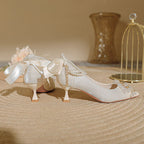 Damen elegante Spitzen-Pumps mit dekorativen Perlen-Details und Riemchen