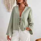 Damen lässige Bluse mit tiefem V-Ausschnitt und schnürbarem Detail R&B