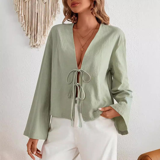 Damen lässige Bluse mit tiefem V-Ausschnitt und schnürbarem Detail R&B