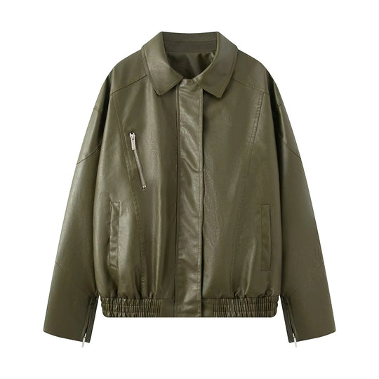 Damen modische Kunstlederjacke mit elastischem Saum und praktischen Taschen R&B