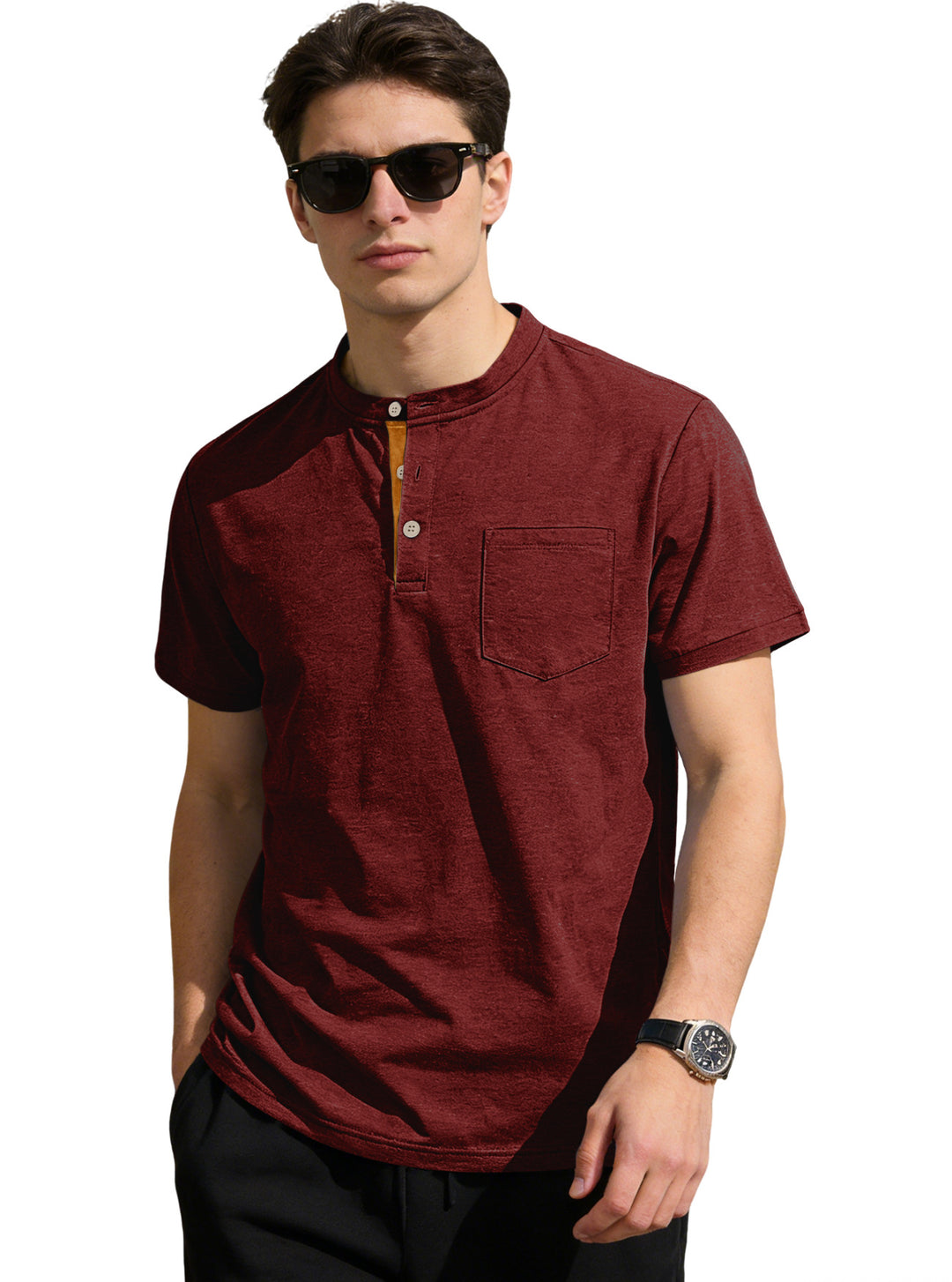 Herren nan strukturiertes Baumwoll-Henleyshirt mit kurzem Stehkragen Knopfleiste und Brusttasche R&B