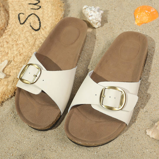 Damen Komfortable Fußbett-Sandalen mit breitem Riemen und glänzender Schnalle R&B