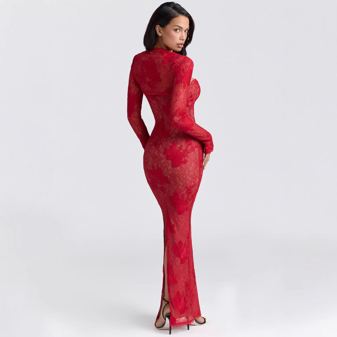 Damen Elegantes Spitzenabendkleid mit langem Arm und verführerischem Schnitt R&B