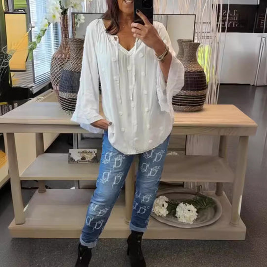 Damen Bluse mit voluminösen Ärmeln und dekorativen Knopfdetails Heidi-Mode