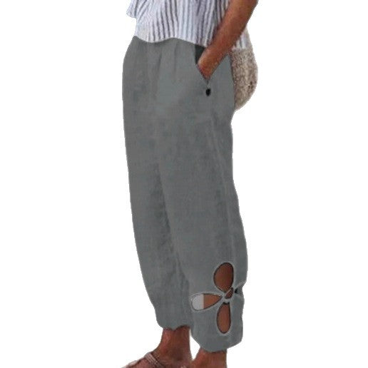 Damen nan leichte Sommerhose mit elastischem Bund, gerafftem Knöchel und blütenförmiger Aussparung R&B