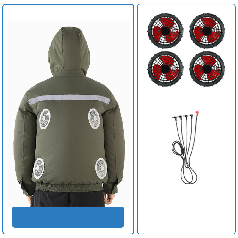 Unisex nan ventilated jacket for work and outdoor with integrated USB fans, battery compartment and hood R&B