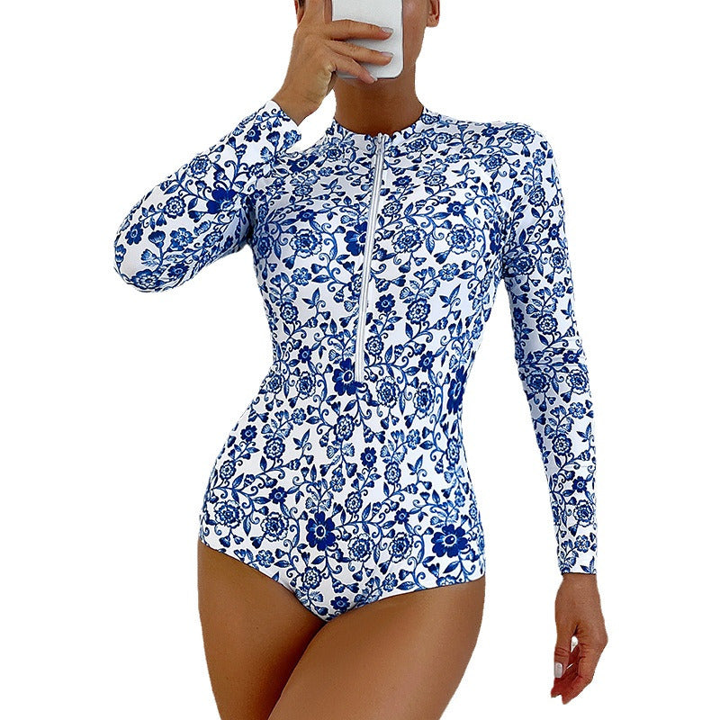 Damen Einteiliger Badeanzug mit hochgeschlossenem Kragen und floralem Muster R&B